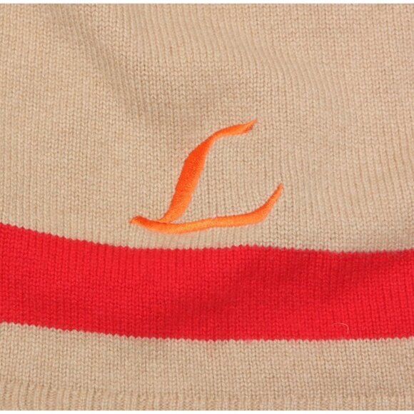 LANDS' END Beige White Trim Stripe Orange "L" Monogramed Cashmere Scarf /462 - Picture 2 of 3